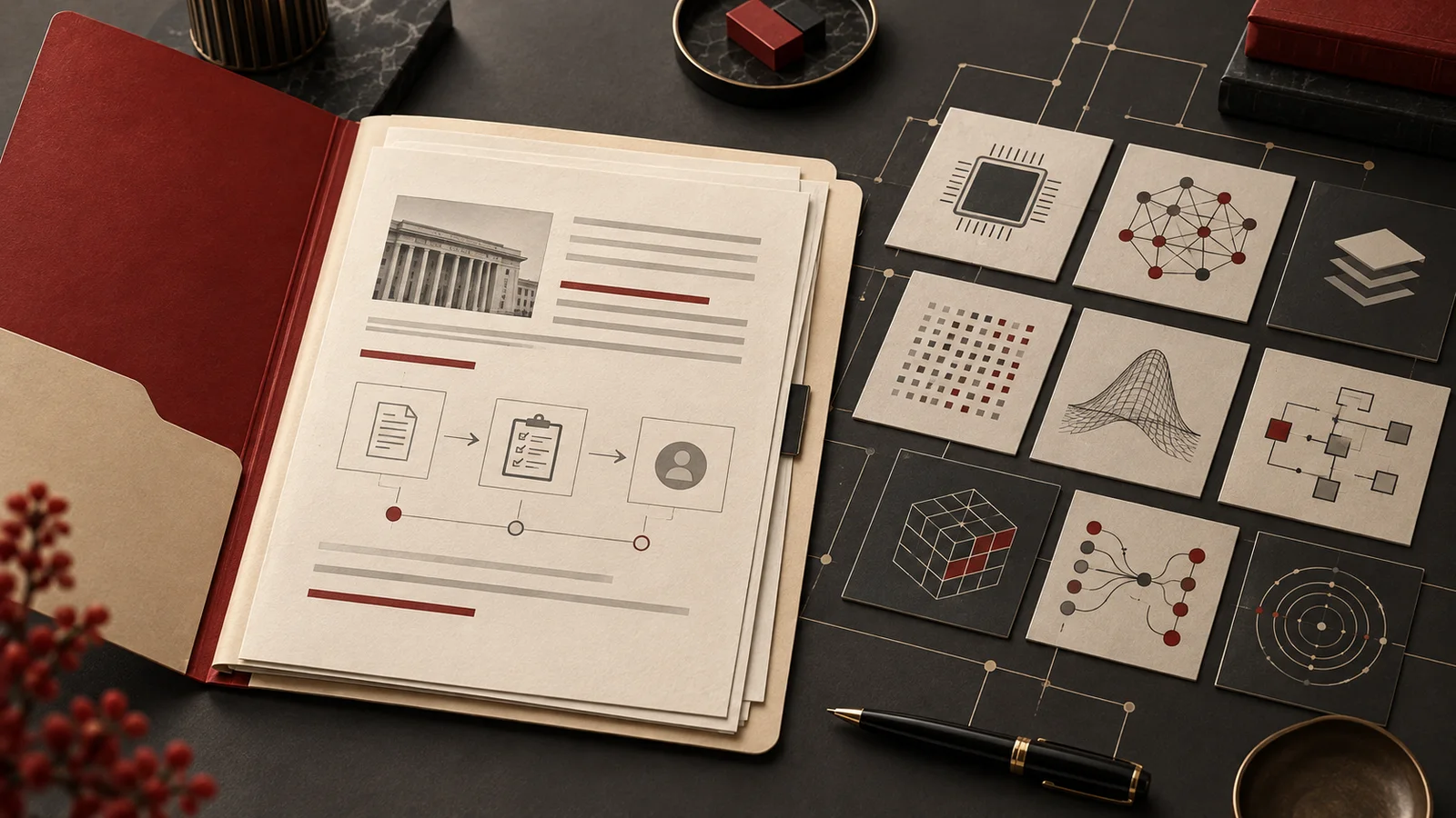 Conceptual illustration of an unbranded policy dossier, registration workflow symbols and AI schematic tiles.