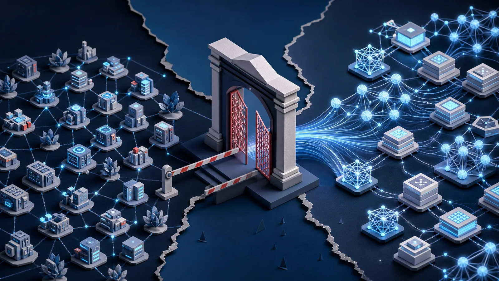 Editorial illustration of a partially open policy gateway between a luminous open-model network and many small connected startup modules.