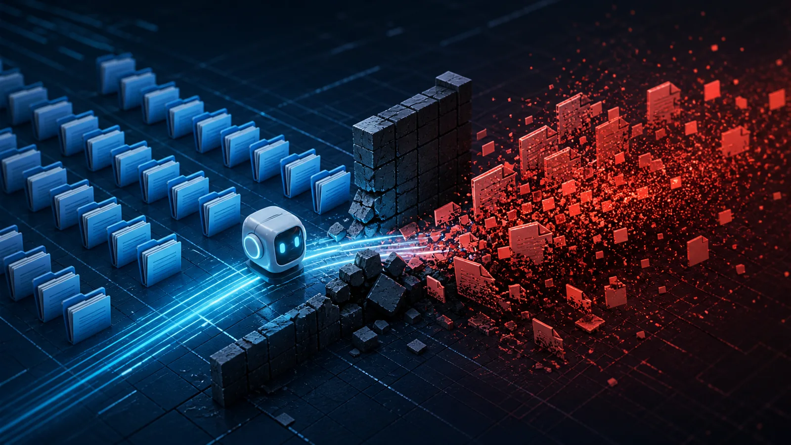 Rows of blue file folders face a broken safety wall as red file icons fragment into particles beside a small automated agent.