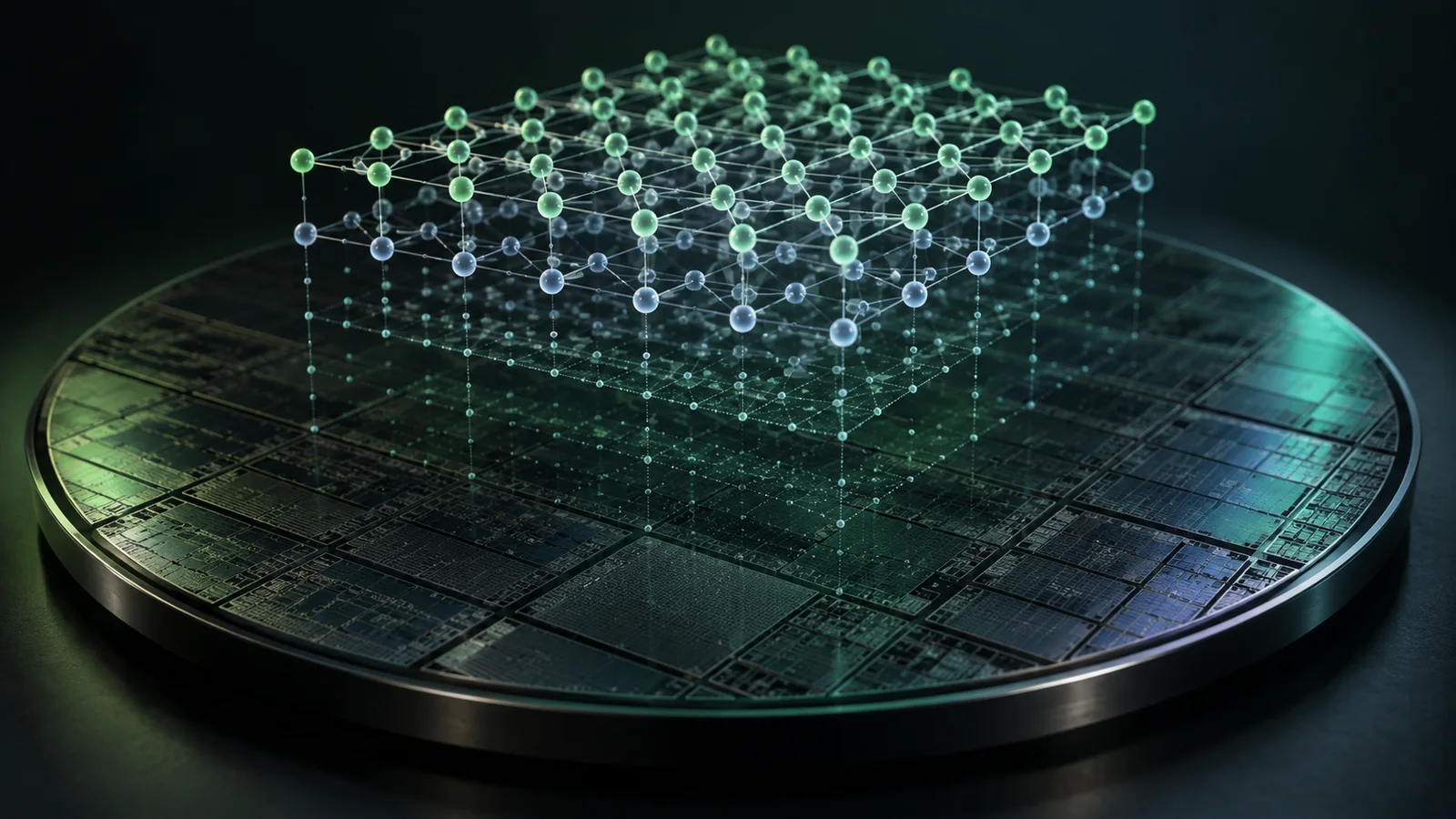 Conceptual illustration of a silicon wafer beneath a luminous atomic lattice, representing atomic-scale semiconductor simulation.