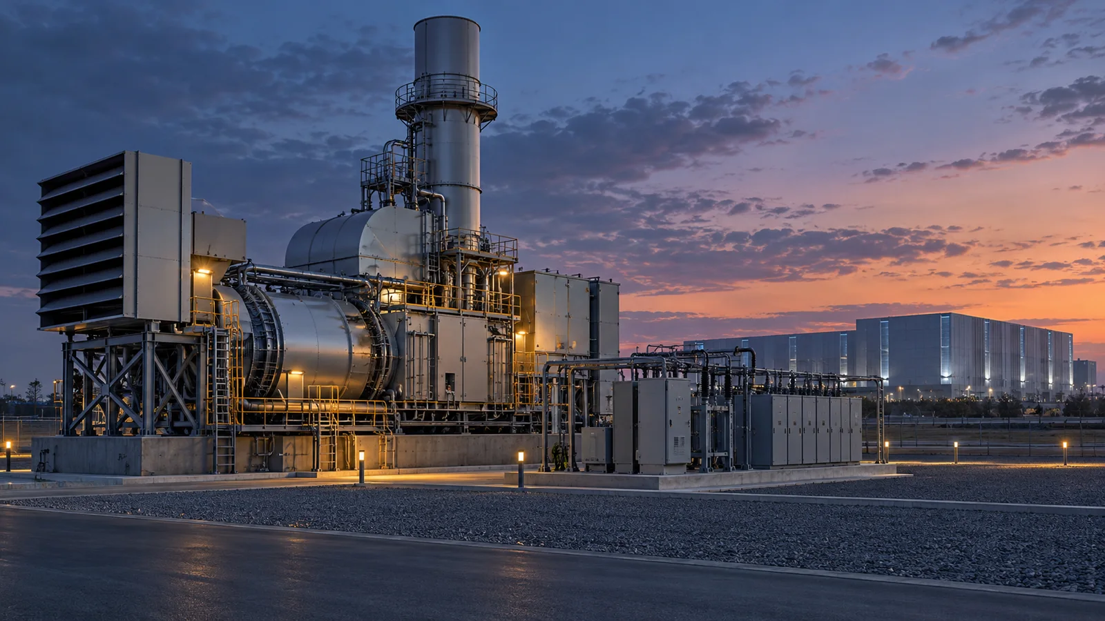 Conceptual editorial illustration of a gas-turbine generator and electrical equipment, with a distant data-centre building at dusk.