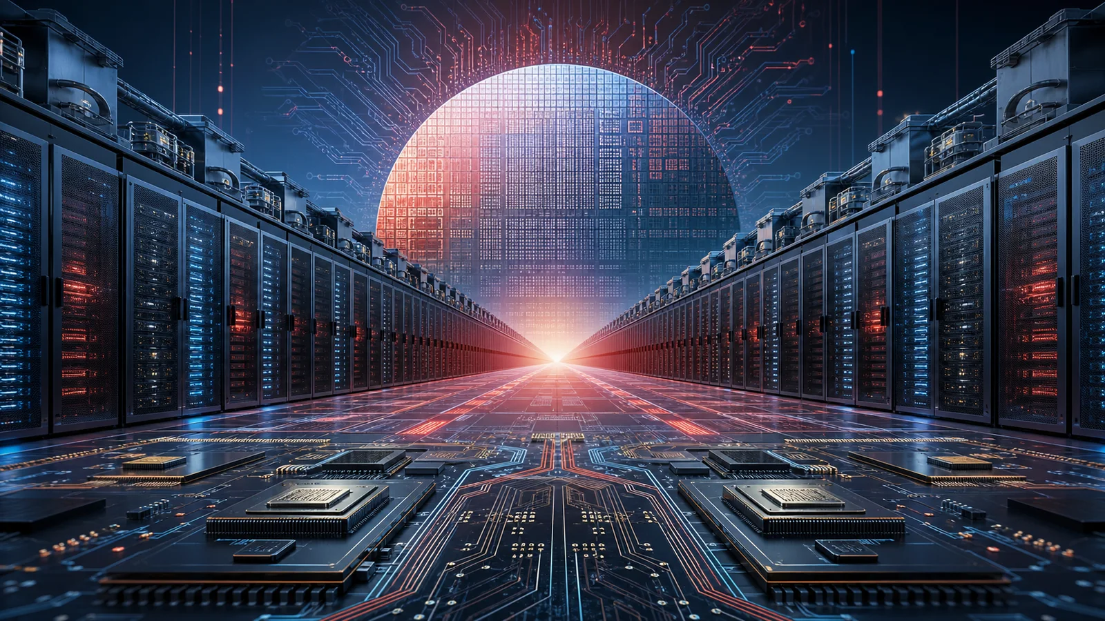 Conceptual illustration of server rows converging beneath a semiconductor wafer, with processor chips and circuit paths in the foreground.