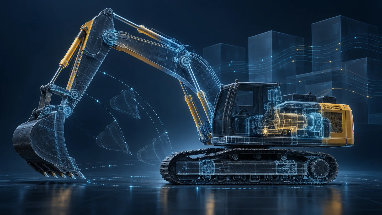 Conceptual illustration of an excavator with a transparent simulation overlay and abstract compute modules.