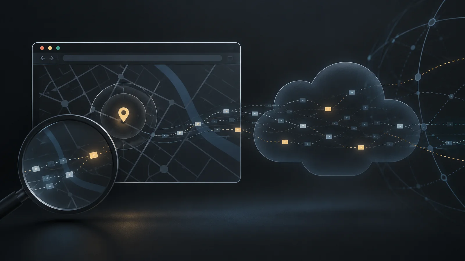 Editorial illustration of a browser map interface under a magnifying glass, with dotted request paths crossing a cloud-shaped network.