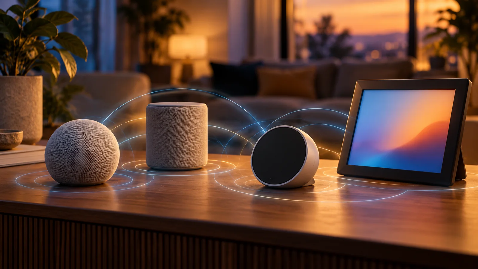 Conceptual illustration of four unbranded smart-home devices on a living-room table, connected by subtle sensing arcs.
