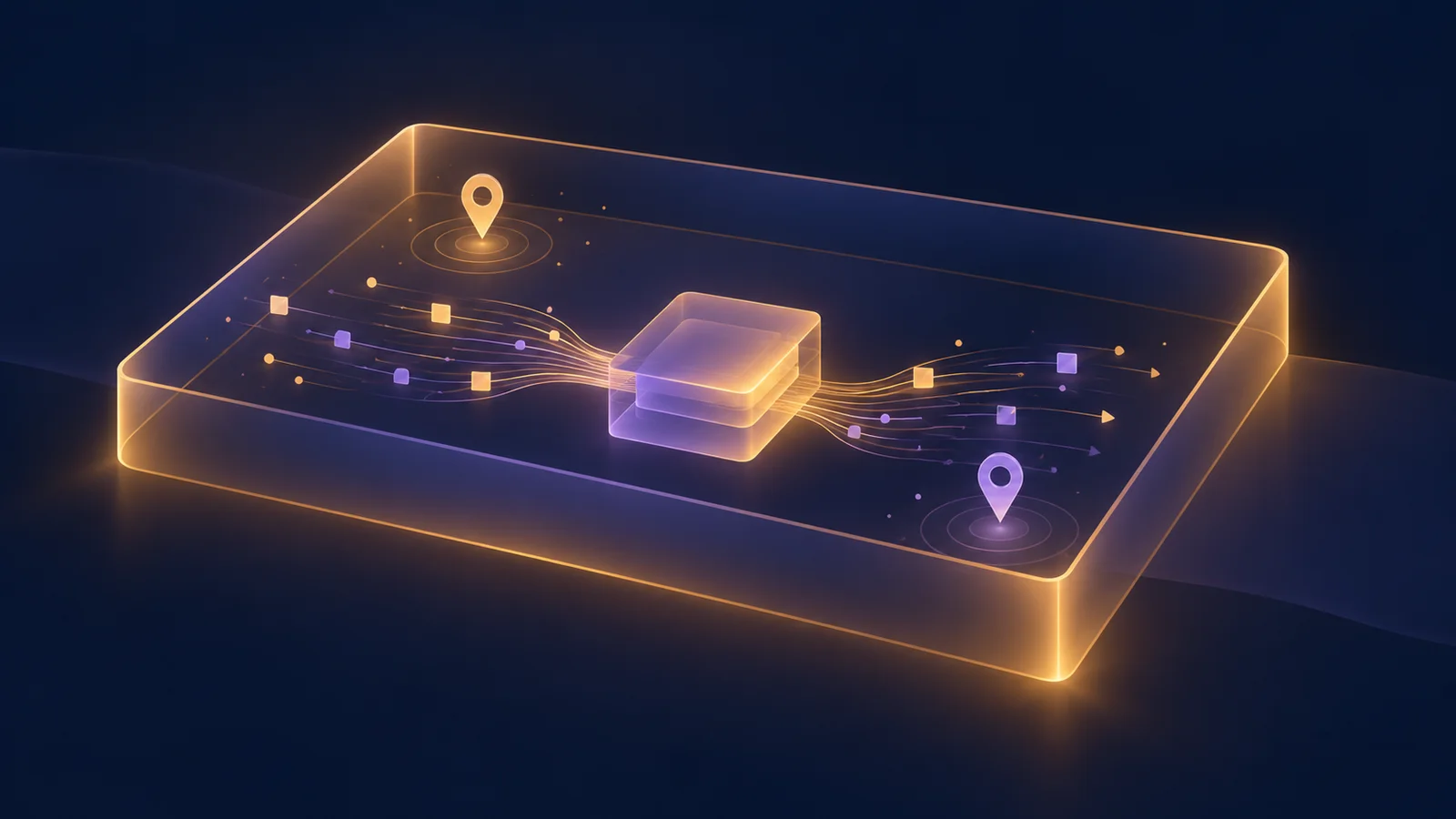 Conceptual illustration of a glowing regional processing boundary with two independent location markers and a central inference flow.