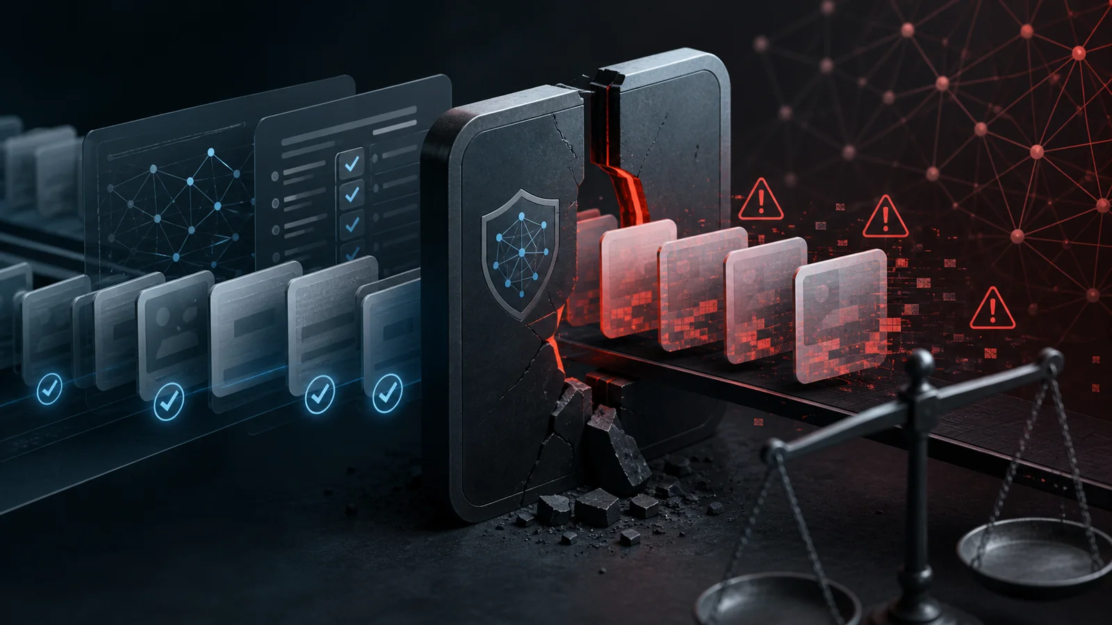 Abstract digital content cards pass through a cracked automated review gate as red warning symbols appear beyond it.