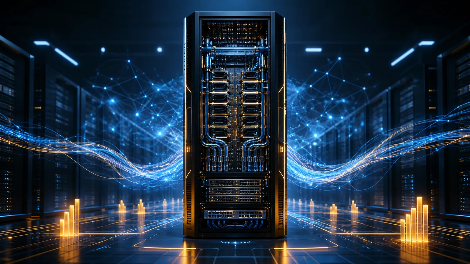 A fictional liquid-cooled AI server rack surrounded by glowing network connections in a data center
