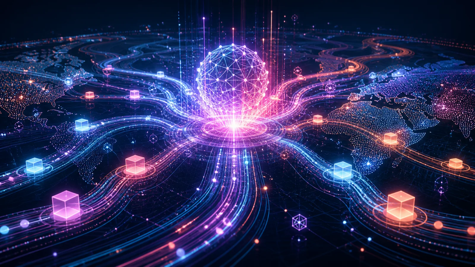 Abstract luminous payment and data routes converging on a geometric network core over a dotted world map