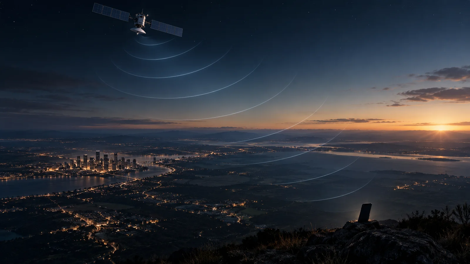 Conceptual illustration of a communications satellite sending faint radio-wave arcs across a city and rural landscape toward a smartphone at dawn.