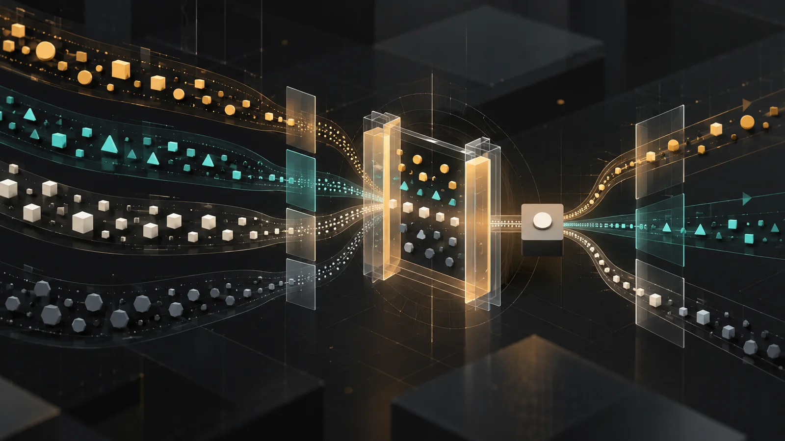 Abstract security-operations cover showing distinct evidence streams converging at a central review gate and continuing along controlled paths.