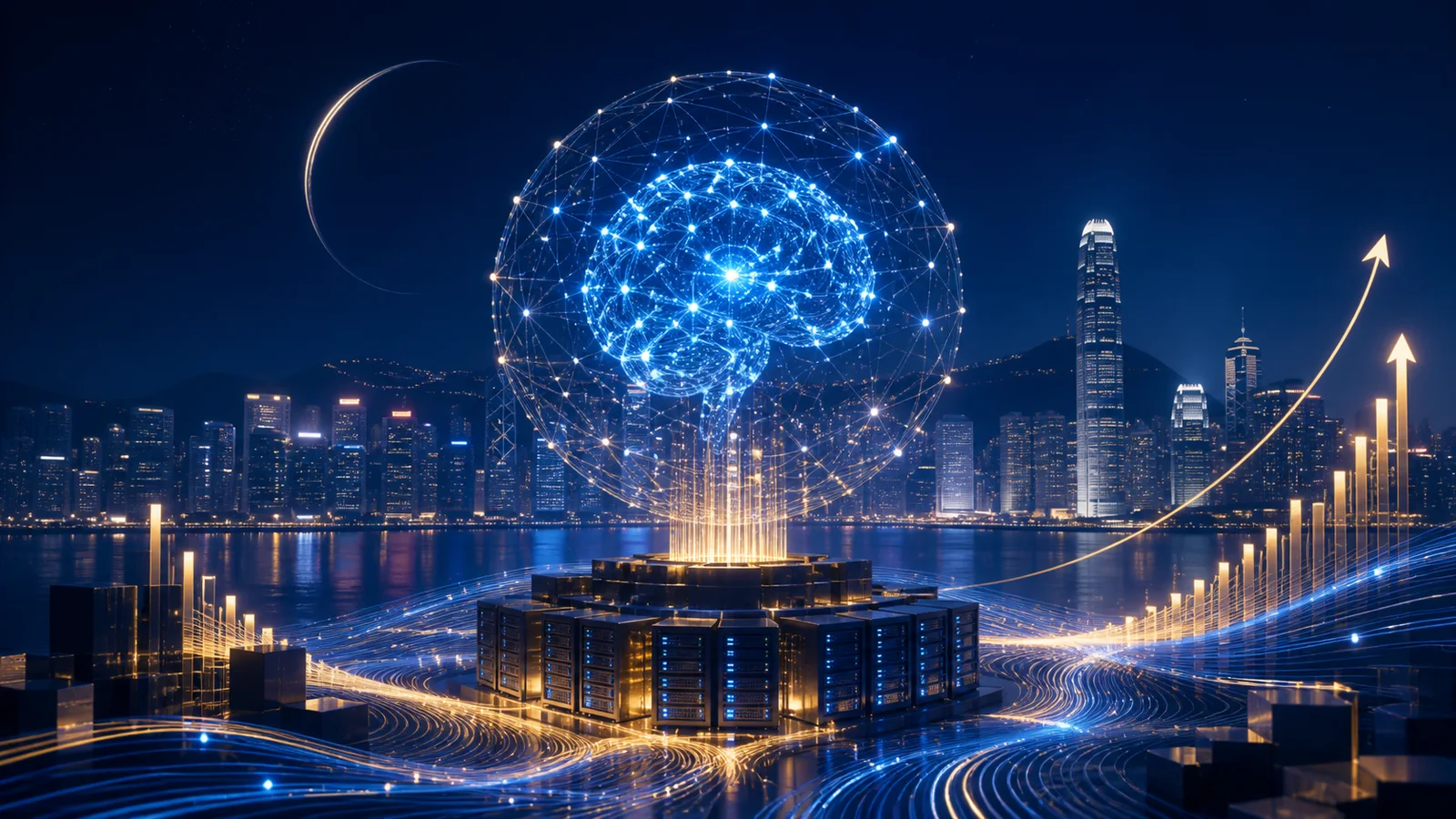 A luminous neural network above computing infrastructure, with Hong Kong's harbor skyline and rising gold lines in the background.