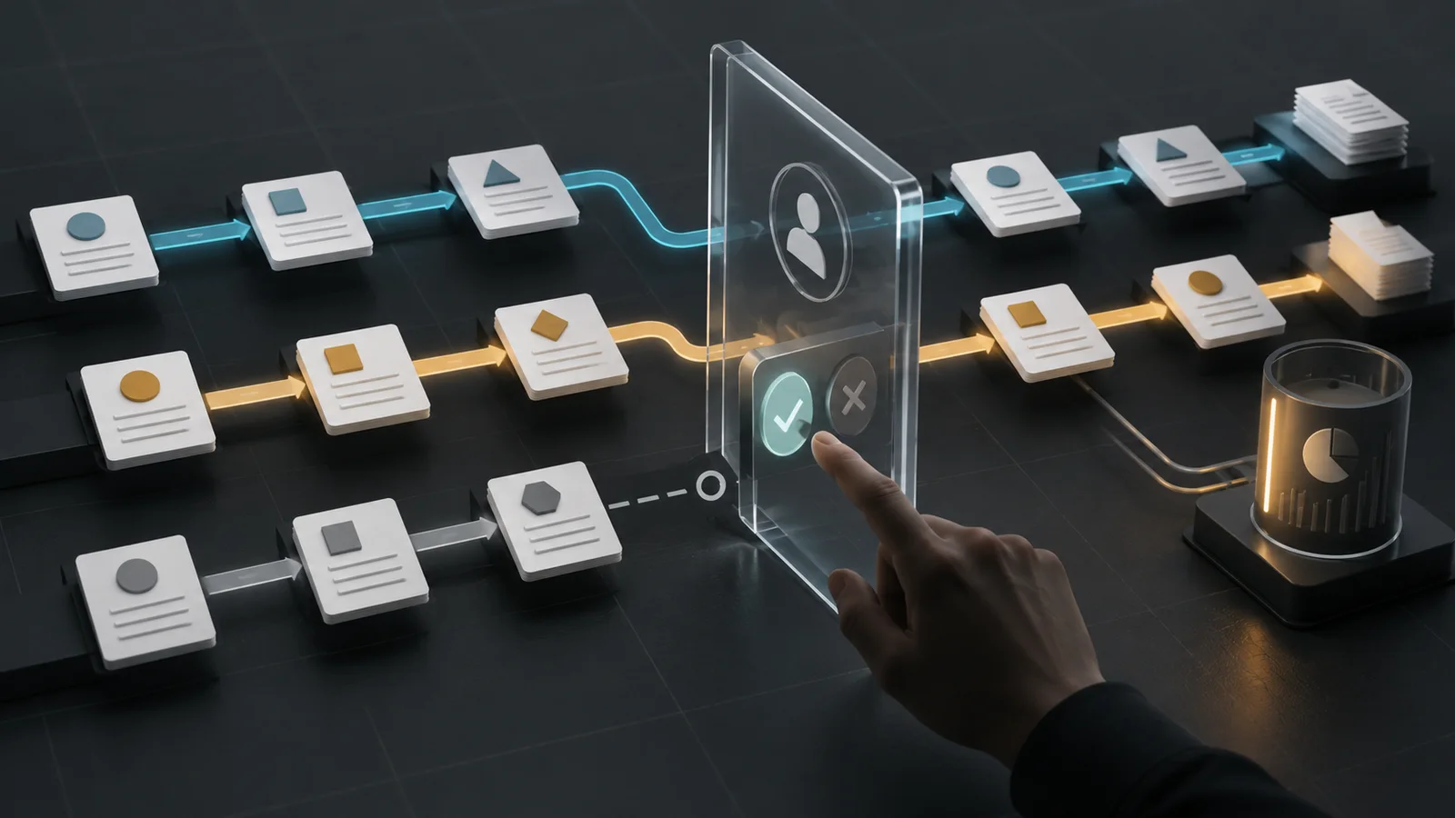 Conceptual editorial illustration of workflow cards moving through a transparent human-approval gate, with cyan, amber and gray process paths.