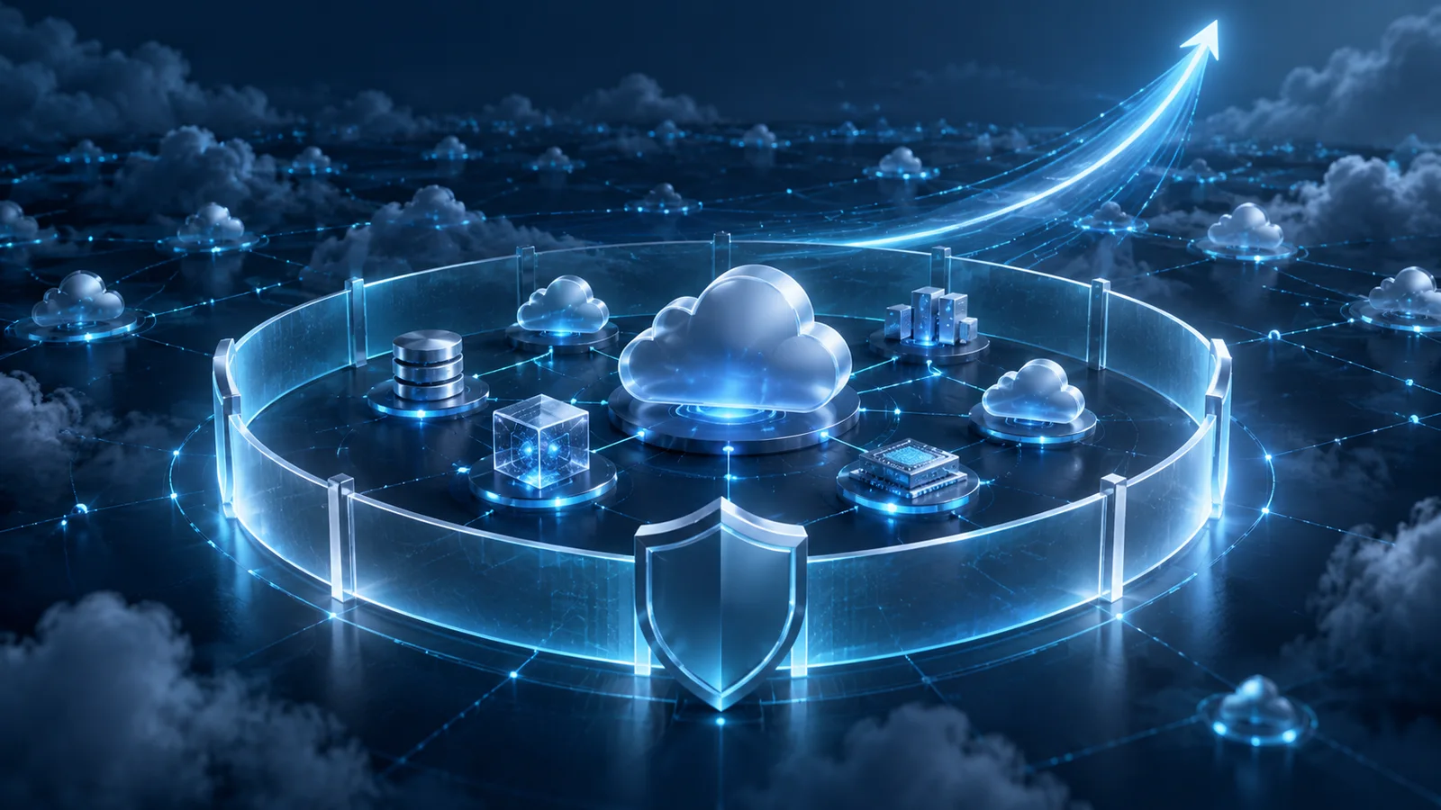 Conceptual illustration of a protected cloud network inside a transparent security perimeter, with connected infrastructure nodes and a rising blue light path.