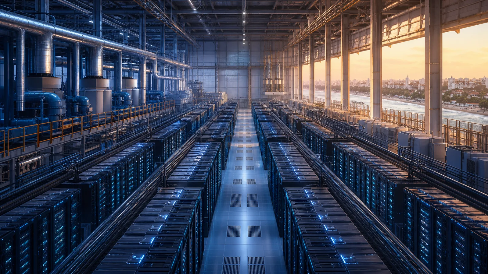 Rows of GPU server racks and large cooling pipes inside an illustrated data-center hall beside a coastal city.