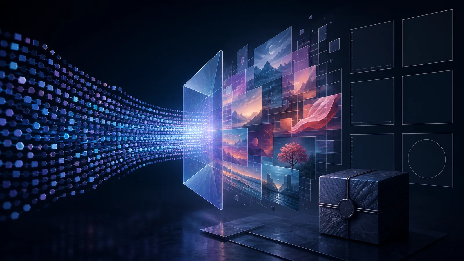 Abstract streams of colored tokens flow into layered image panels beside blank evaluation frames and a sealed model core.