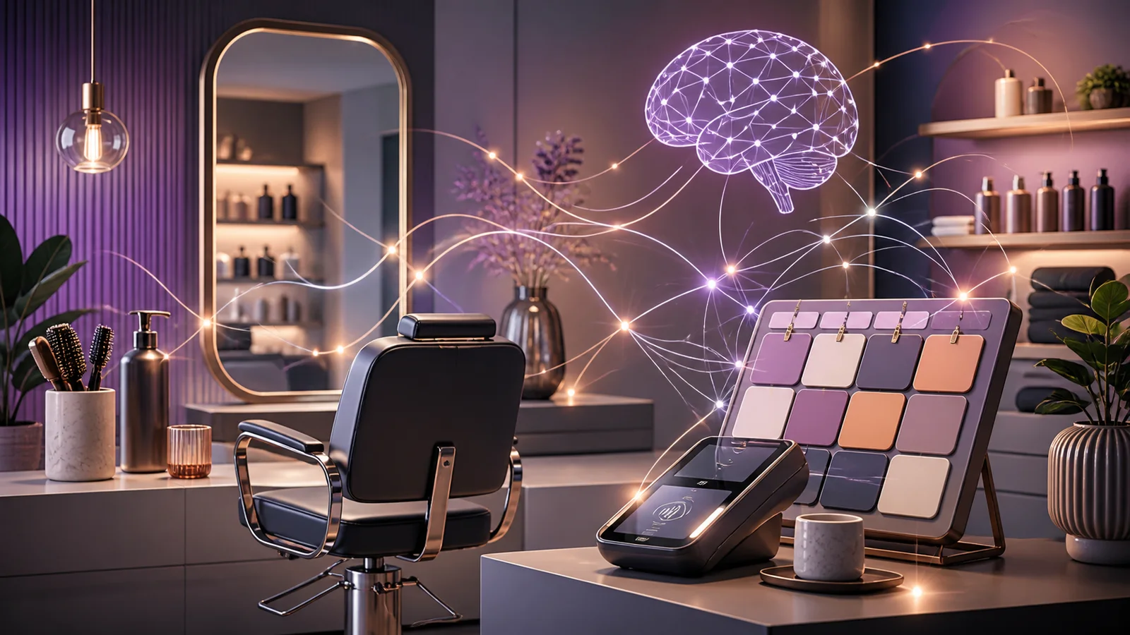 An empty salon chair beside appointment tiles and a payment terminal connected by glowing lines to an abstract neural-network brain.