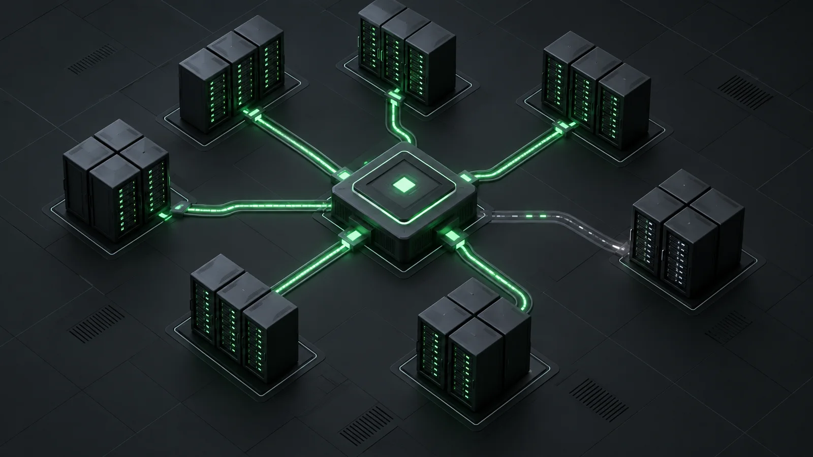 Conceptual isometric AI data-center racks linked to a central power-allocation unit, with one dimmed connection indicating controlled load reduction.
