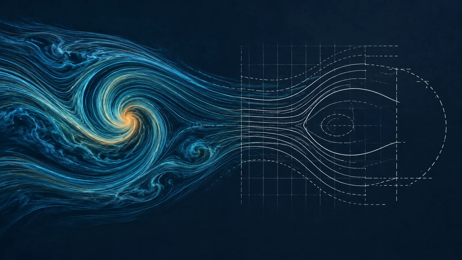 Abstract scientific illustration of a blue and teal fluid vortex transitioning into white contour lines, a grid and an unfinished dashed boundary on navy.