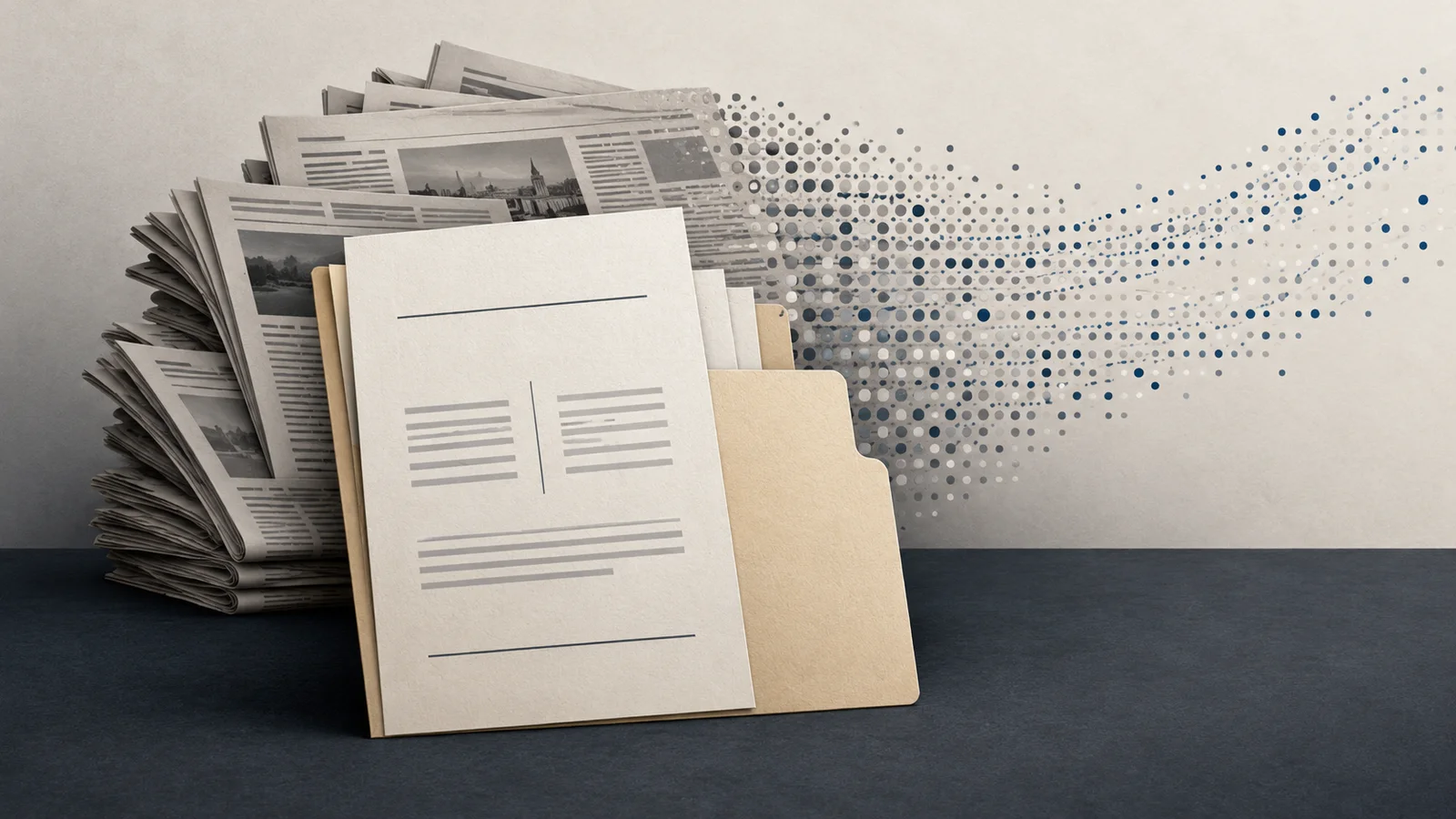 Conceptual illustration of a court filing folder before stacked unbranded newspapers dissolving into a field of blue and gray data dots.