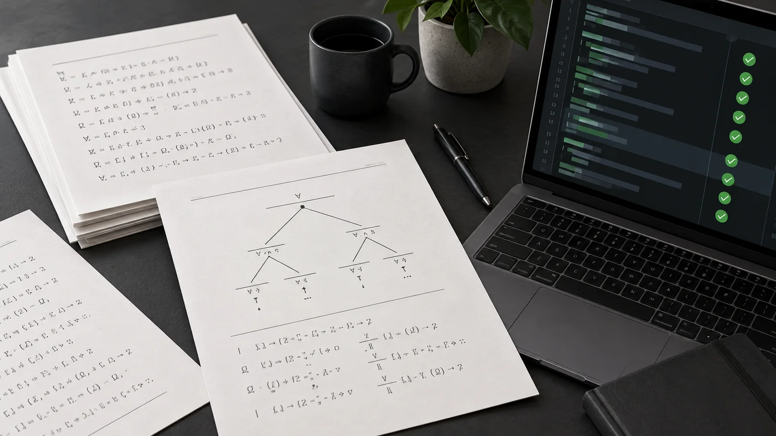 Conceptual illustration of printed mathematical proof pages beside a laptop displaying generic green proof-check marks.