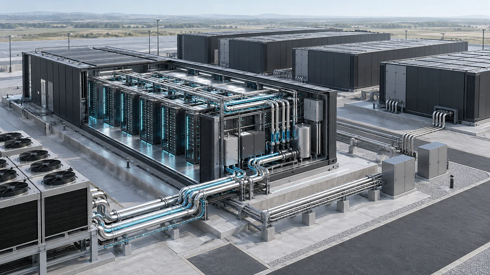 Conceptual illustration of modular liquid-cooled compute modules, rack cabinets and coolant piping.