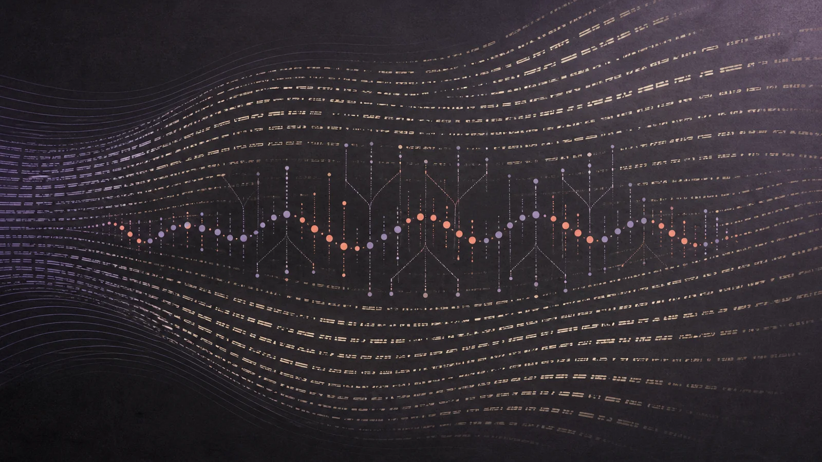 Abstract lines of text-like marks flowing around a hidden pattern of connected dots and branching traces.