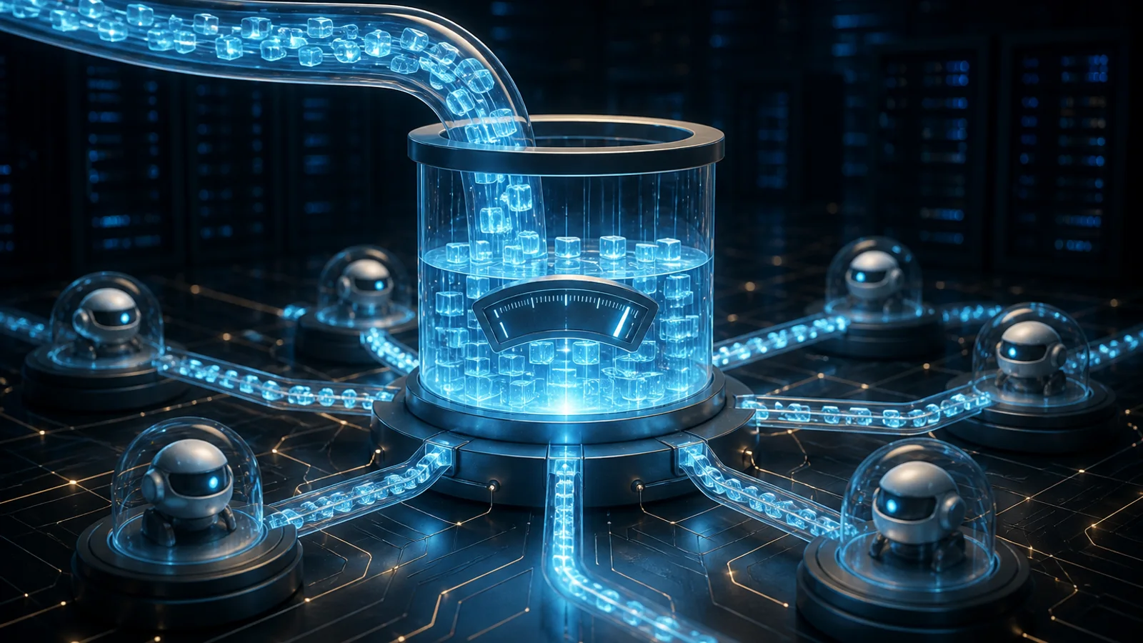 Glowing blue credit-like cubes flow through transparent channels into a central meter surrounded by small robot figures.