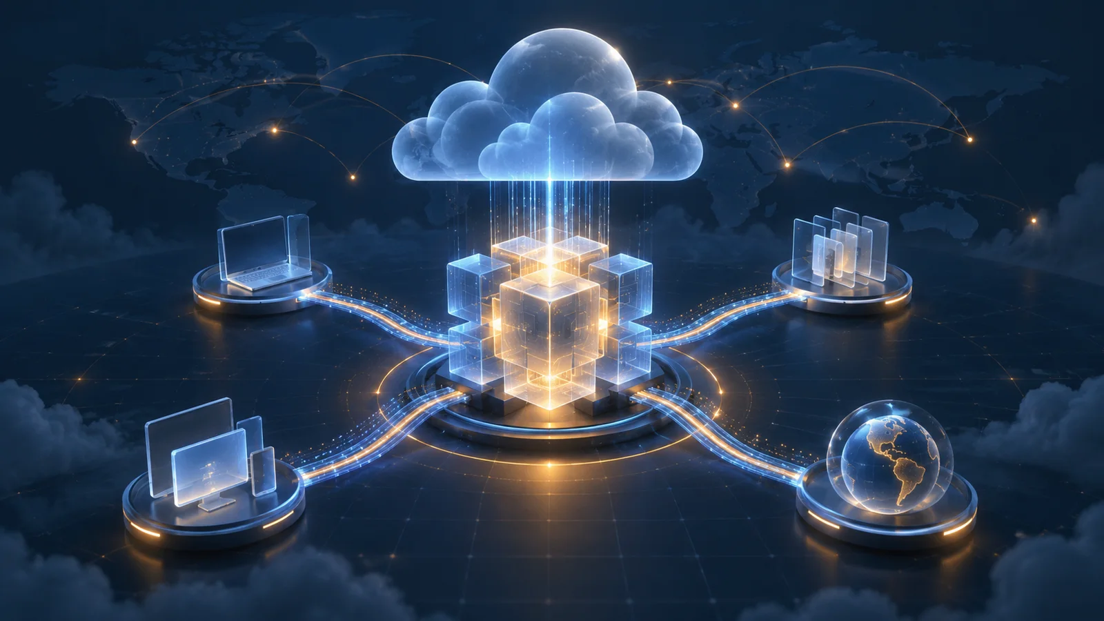 Conceptual illustration of a glowing modular model core linked by four luminous pathways to a cloud layer, endpoint devices and a globe over a world map.