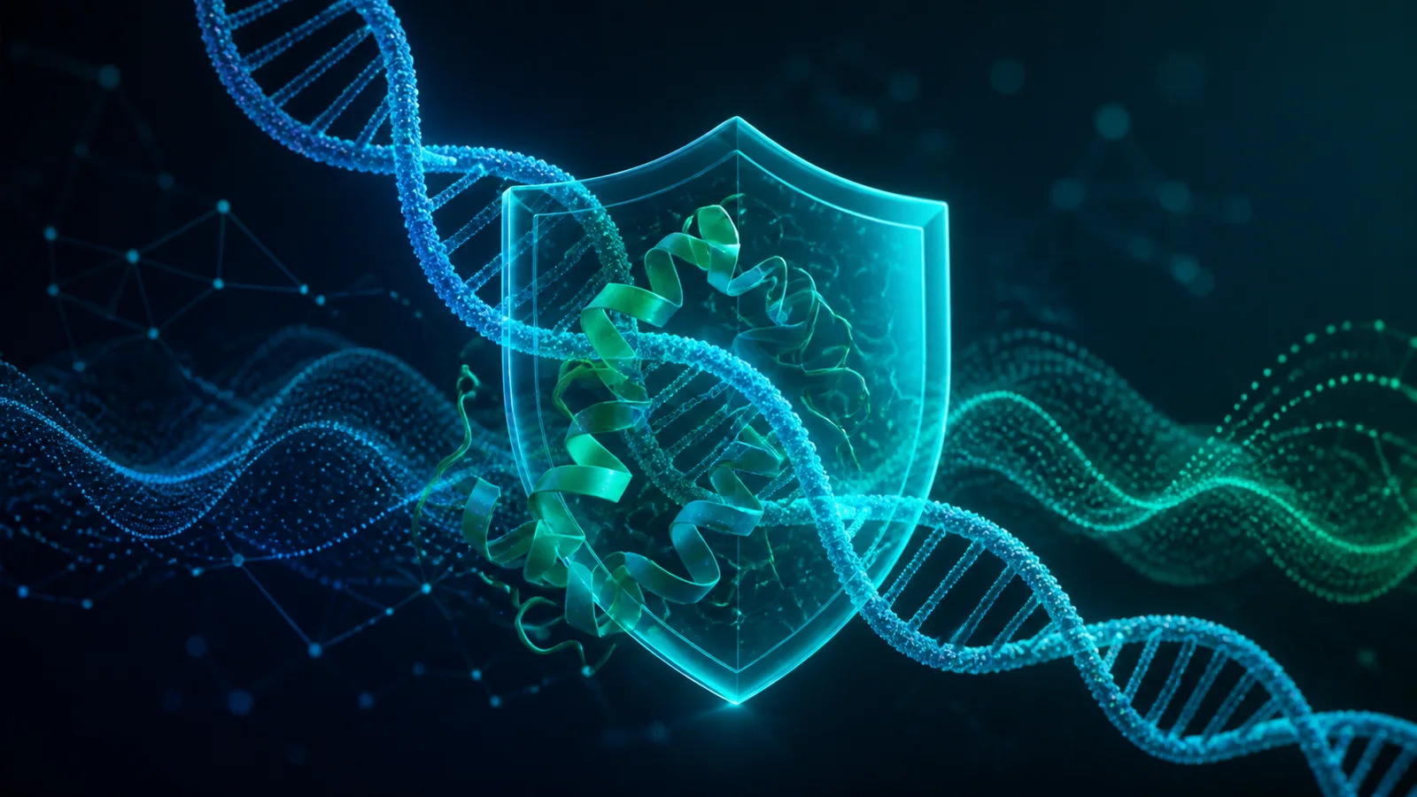 A glowing DNA helix and folded protein ribbon pass across a translucent shield amid blue and green network patterns.