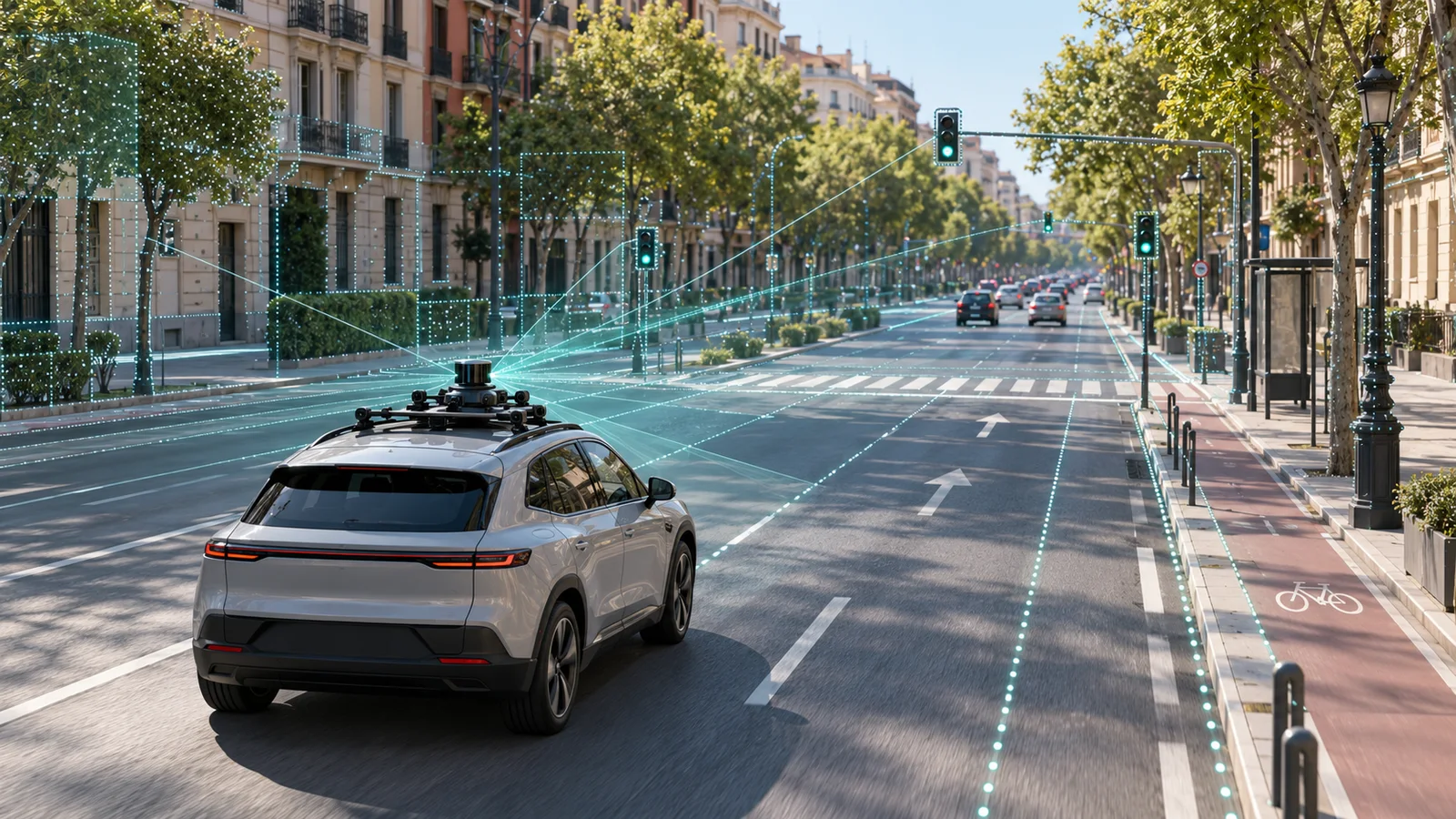 Conceptual illustration of an unbranded sensor-equipped test vehicle collecting road-environment data on a European city boulevard.