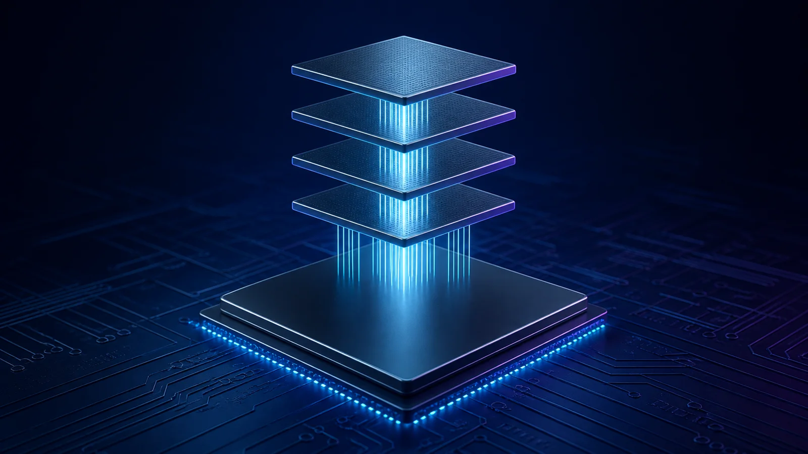 Four blank square memory layers stacked directly above a blank AI accelerator package on a dark circuit substrate
