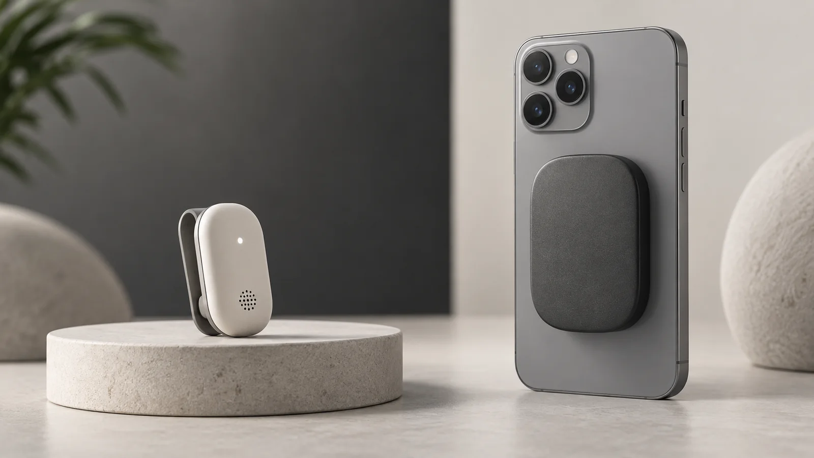 Conceptual editorial illustration of a small wearable clip beside a generic phone with a magnetic back attachment.