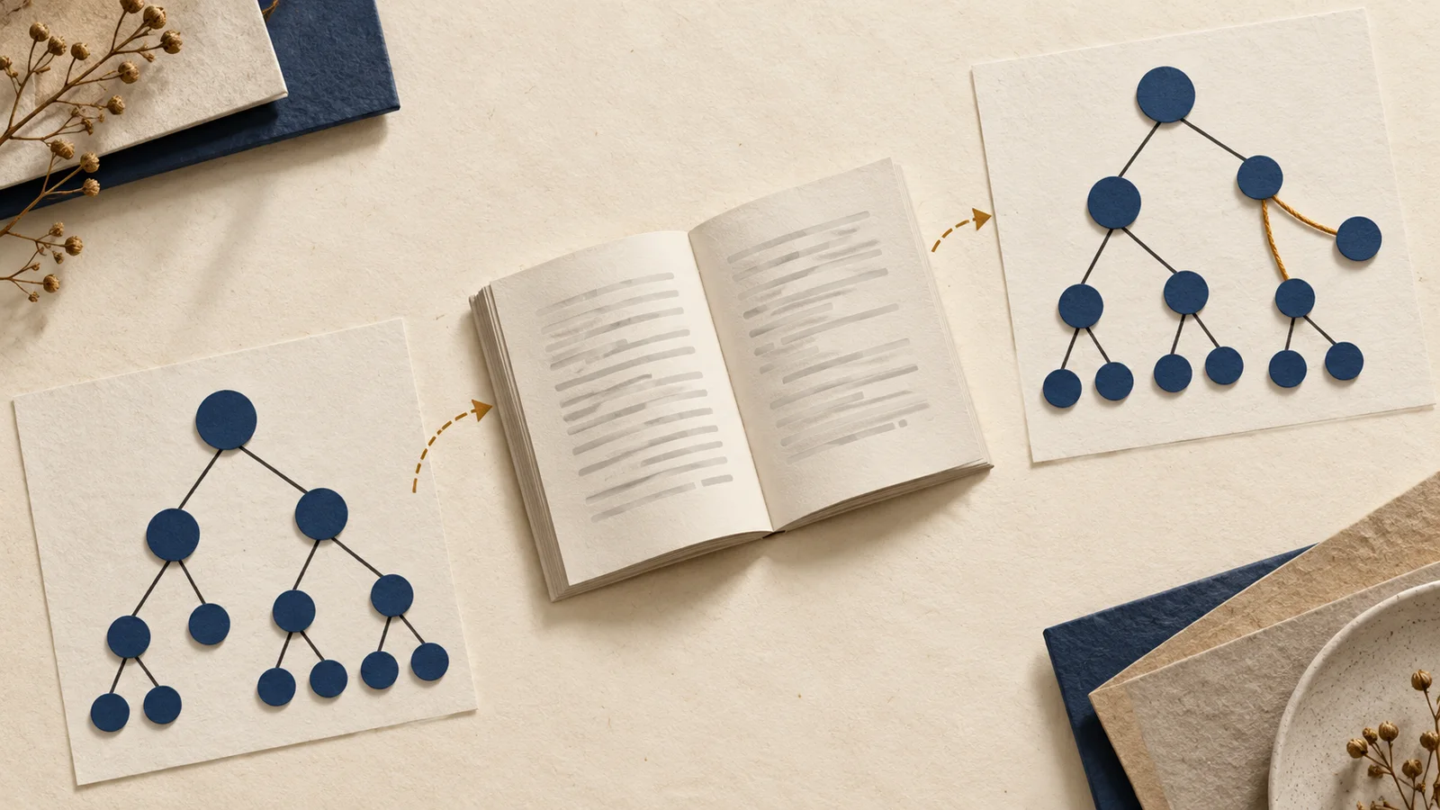 Top-down conceptual paper collage with a branching diagram, a booklet of non-readable text marks, and a reconstructed diagram with one amber altered connection.