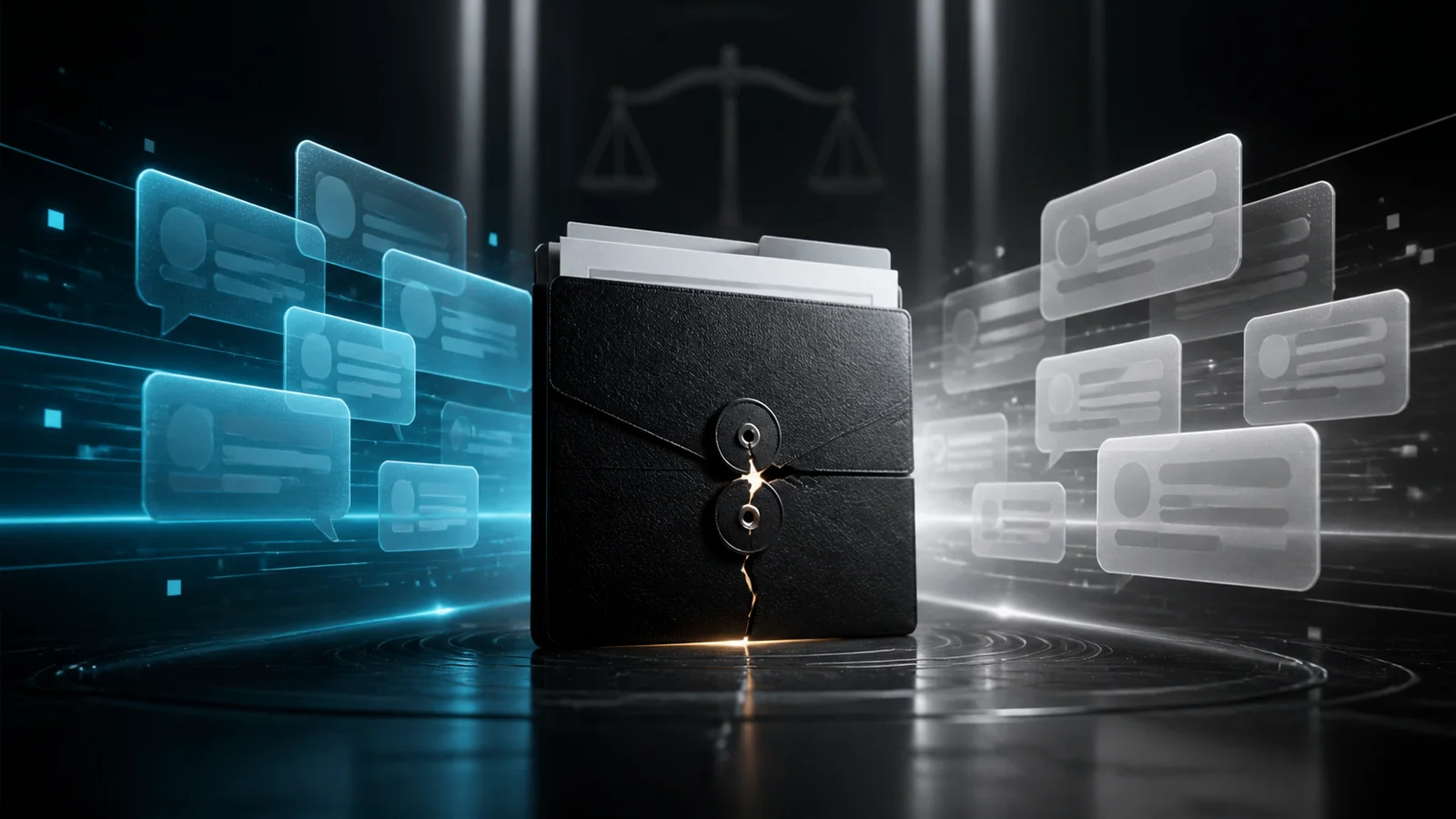 An unbranded black document folder with a fractured seal stands between blue and silver fields of abstract message panels.