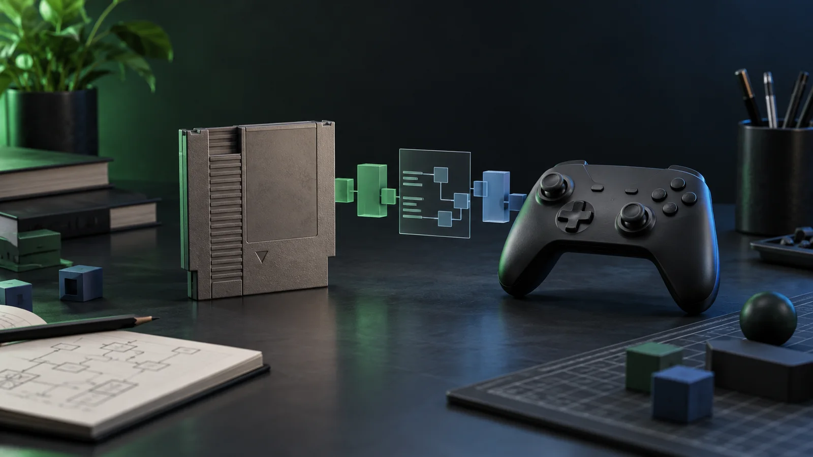 Conceptual editorial illustration of an unbranded retro game cartridge, an unbranded controller and translucent workflow blocks on a developer workbench.