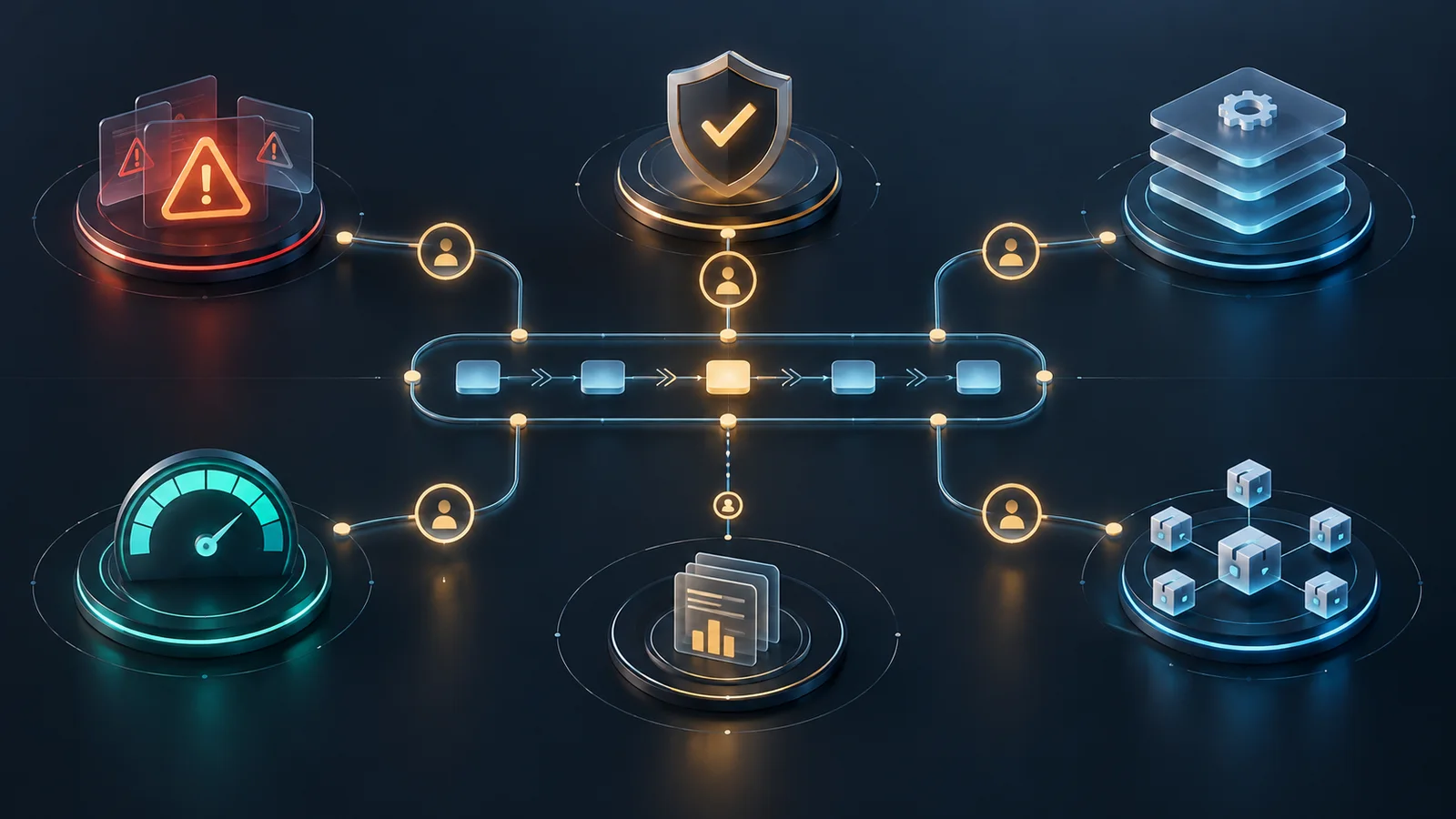 Conceptual IT operations workflow with alert, compliance, configuration, capacity and asset clusters connected through approval checkpoints.