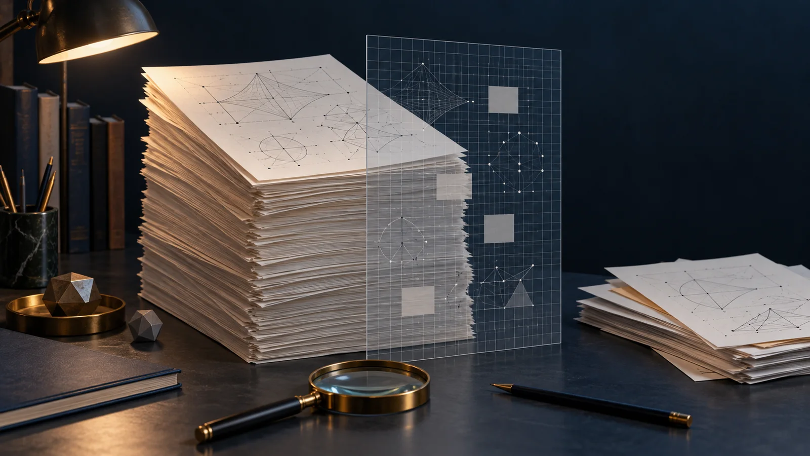 Editorial illustration of stacked mathematical manuscripts beside a transparent grid-like verification overlay, with separate papers set aside on a desk.