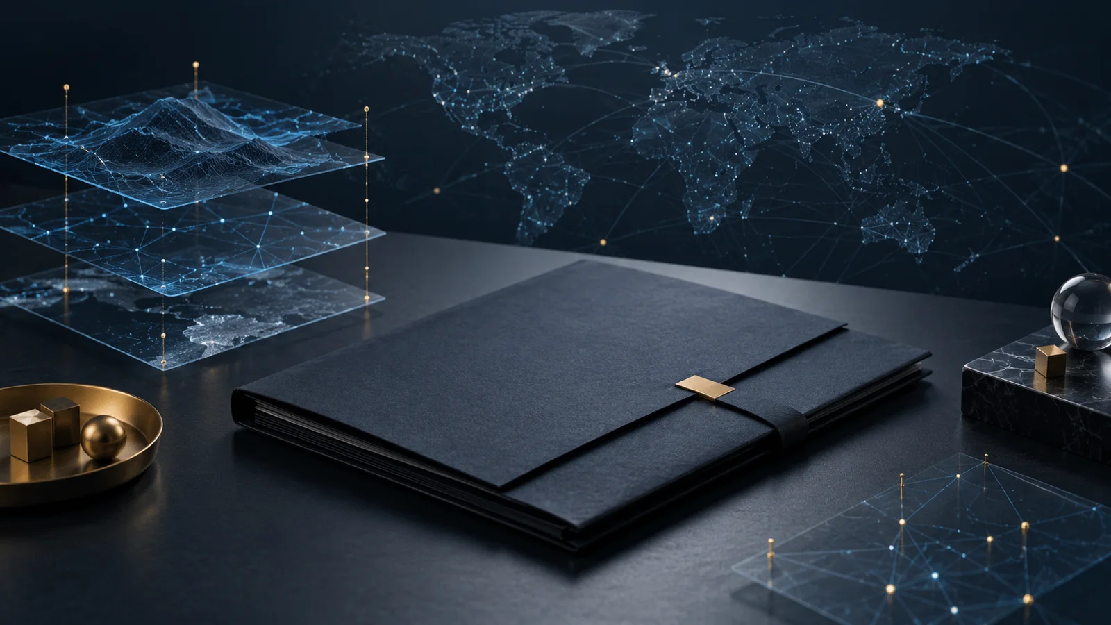 Conceptual editorial illustration of an unbranded dark portfolio folder surrounded by translucent blue network layers, gold markers and a subtle global communications map.
