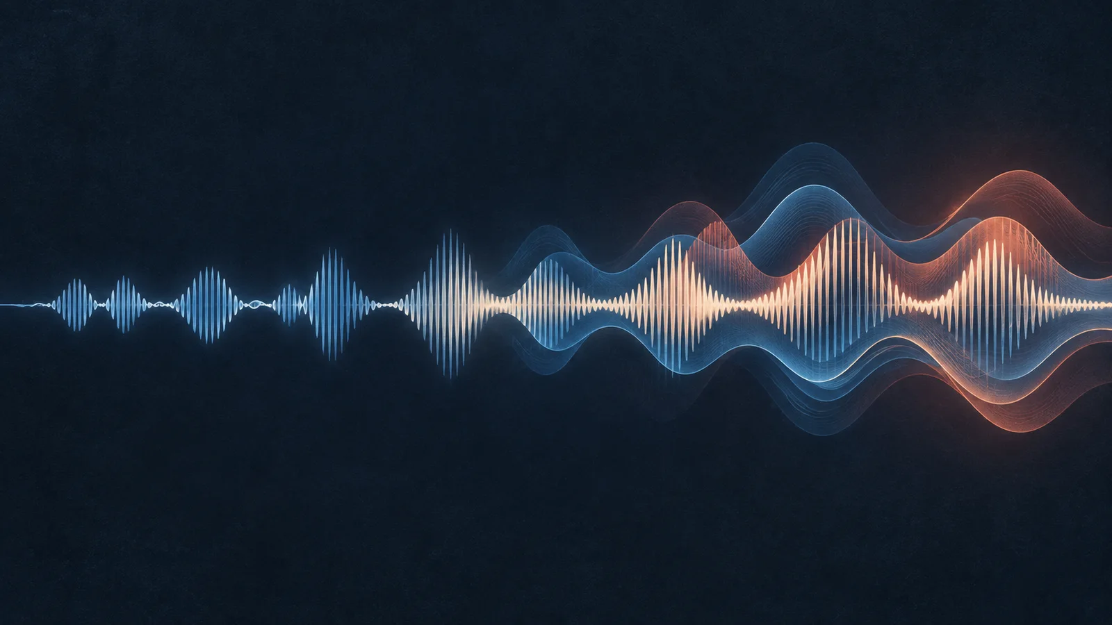 Abstract blue and coral audio waveforms layered across a dark textured background, representing spoken voice combined with music.