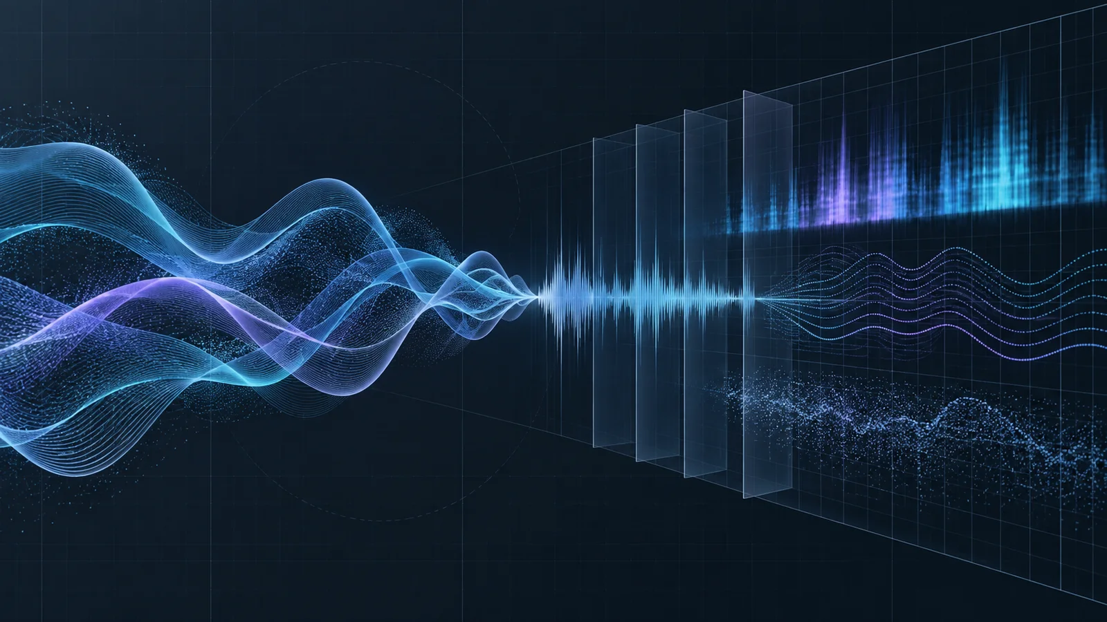 Abstract cyan and violet sound waves move through layered analytical signal panels on a dark blue field.