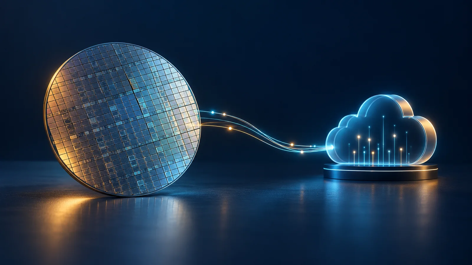 Conceptual illustration of a silicon wafer linked to a cloud-compute node.