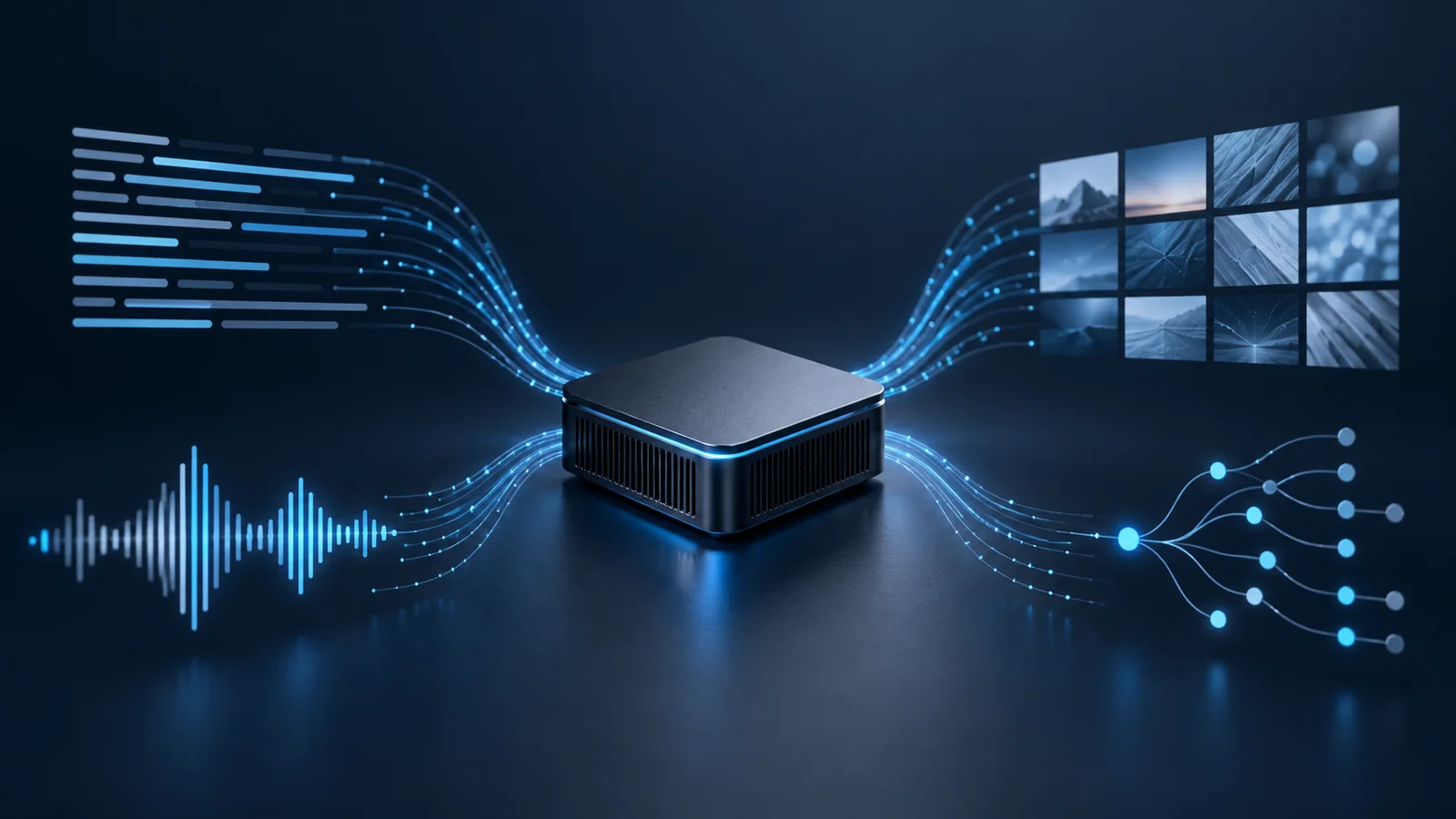 Conceptual illustration of a compact compute module linked to abstract text lines, image tiles, an audio waveform and a branching decision diagram.