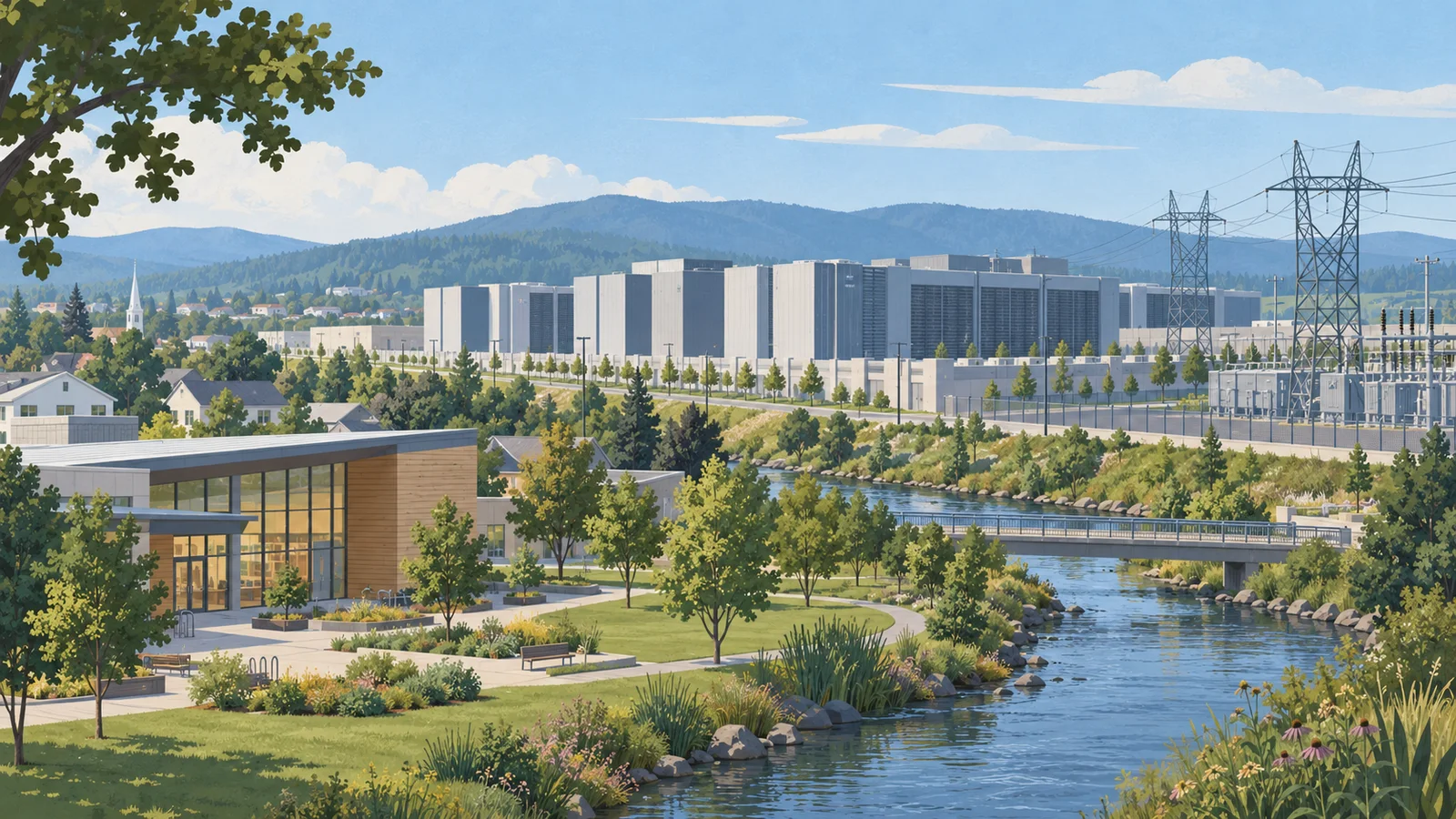 Conceptual illustration of a data-center campus beside community buildings, a waterway and electrical transmission infrastructure.