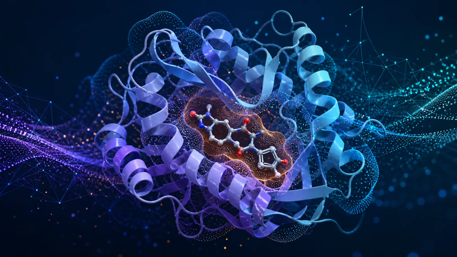 A folded protein ribbon surrounds a small molecular structure in a glowing binding pocket, with abstract computational geometry around it.