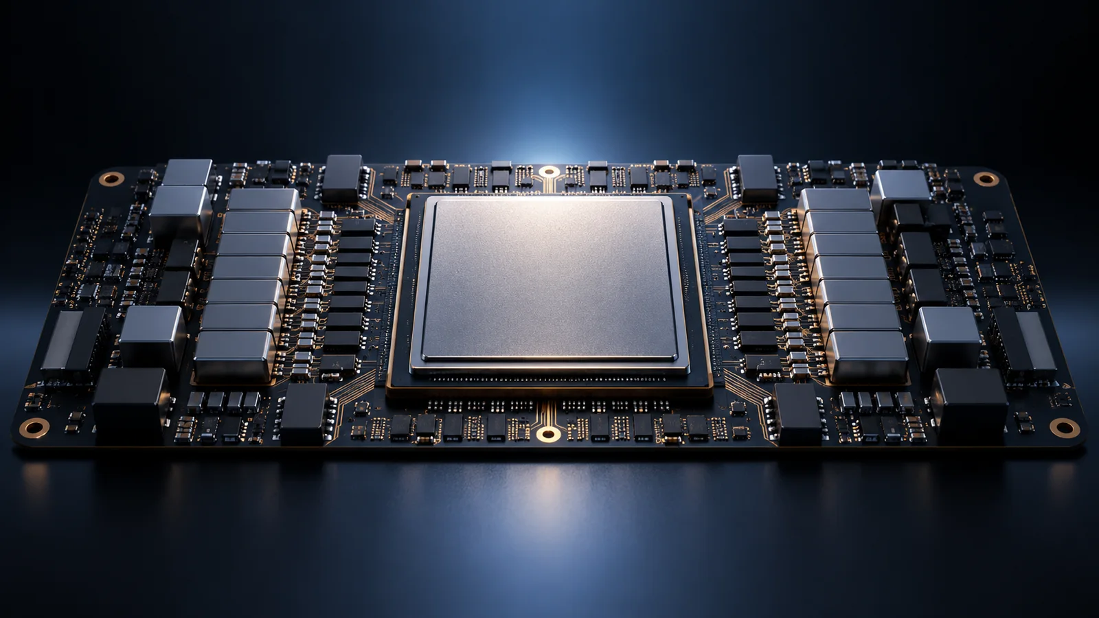 Conceptual illustration of an unbranded AI compute accelerator board with a central silicon chip.
