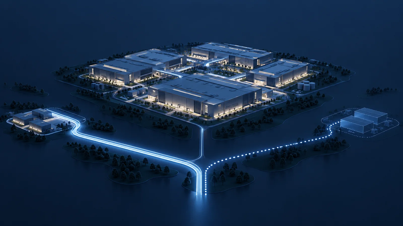 Conceptual nighttime architectural model of a computing campus with a solid illuminated route and a dotted unfinished route branching from it.