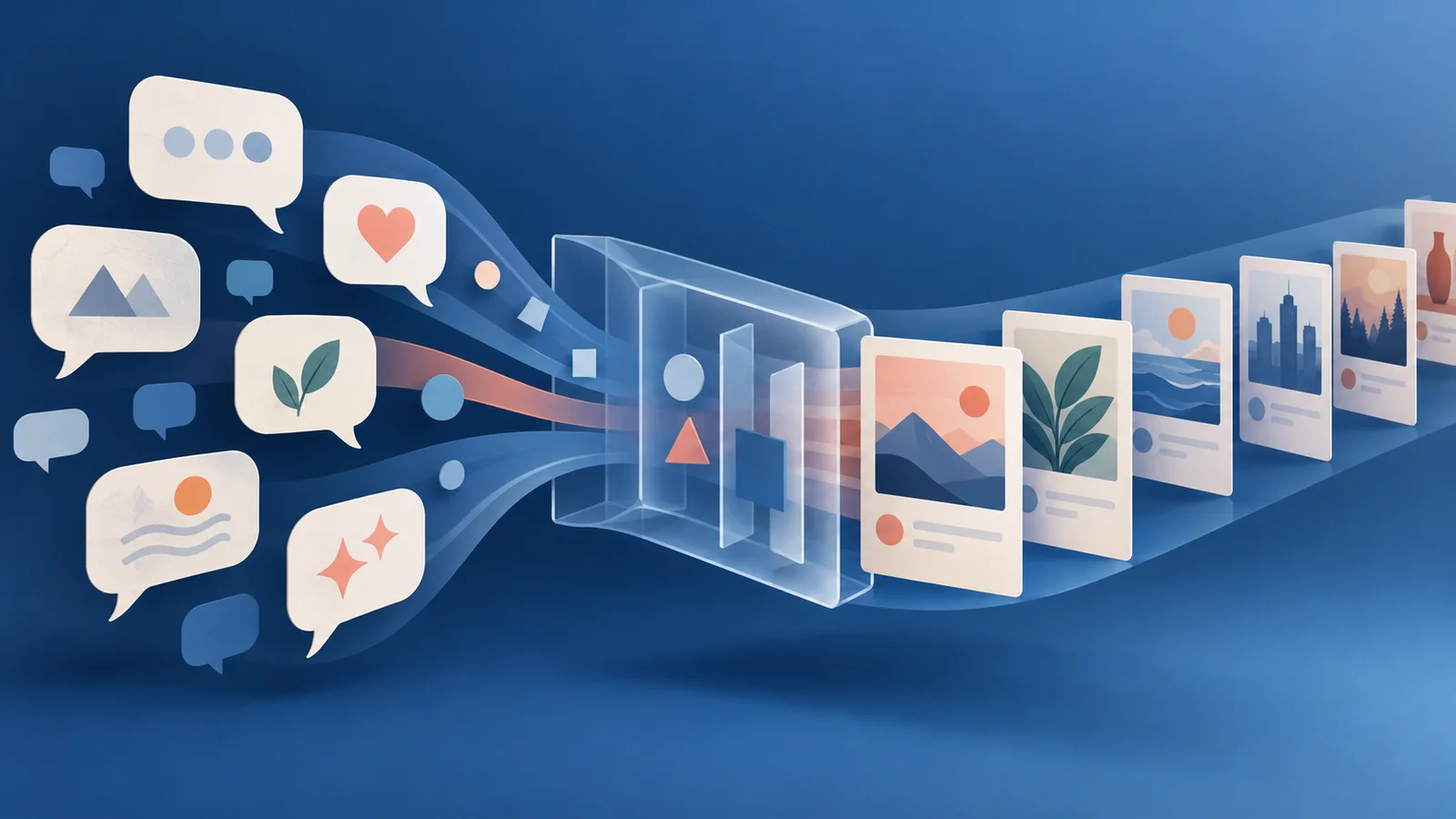 Conceptual illustration of speech bubbles flowing through a transparent sorting channel into varied content cards.