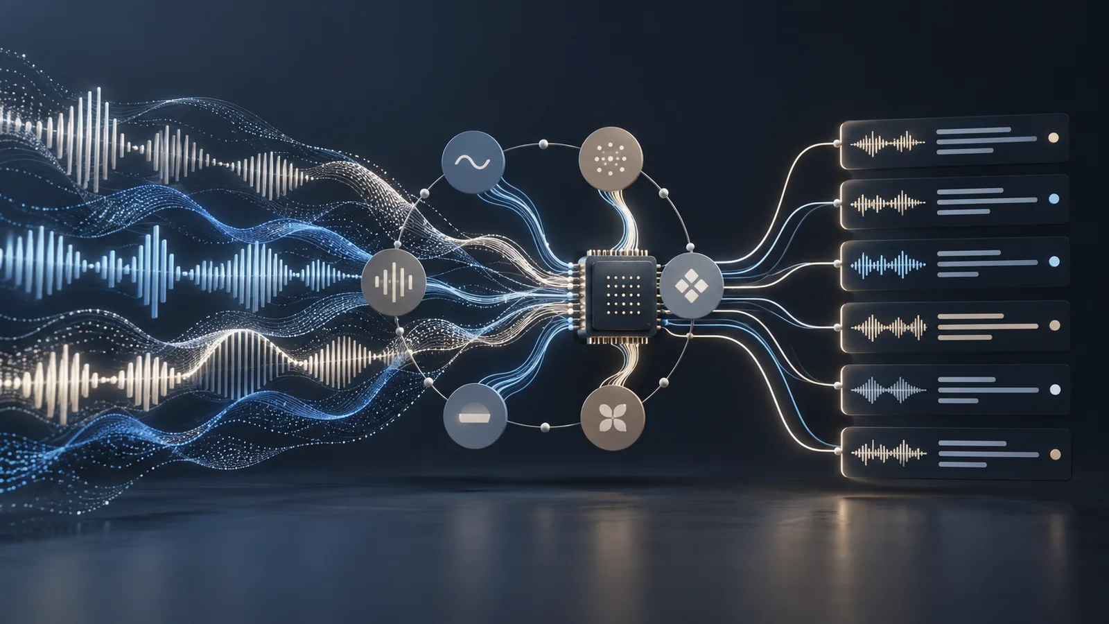 Abstract audio waveforms flow through a central processing module to six transcript panels.