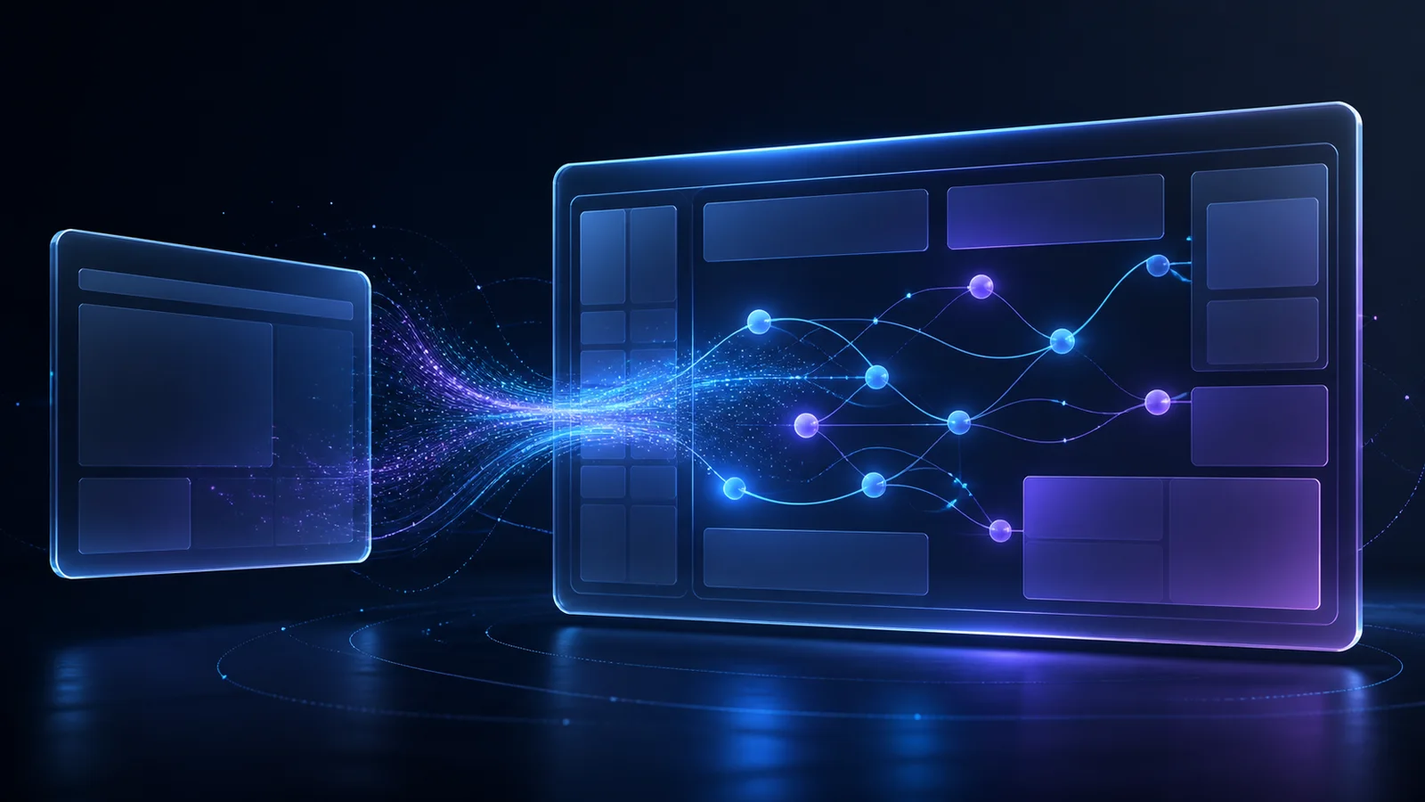 A small abstract browser panel streams glowing paths into a larger unified desktop workspace.